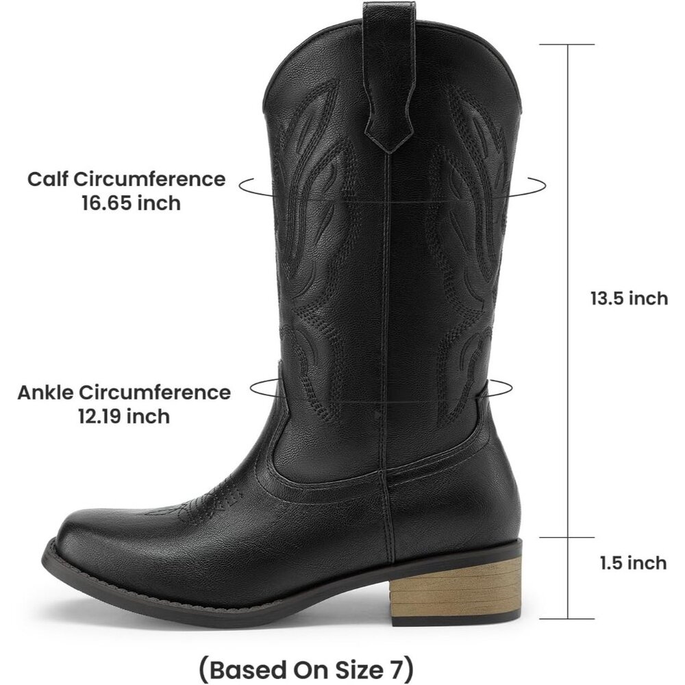 Women's All Black Mid Calf Square Toe Boots Pull On Chunky Heel Embroidery - Picture 6 of 6